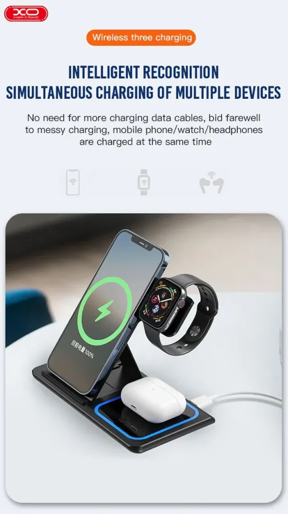 شارژر بی سیم سه منظوره 15 وات ایکساو XO 15W Wireless Charger (Watch + Phone + Earphone) WX023